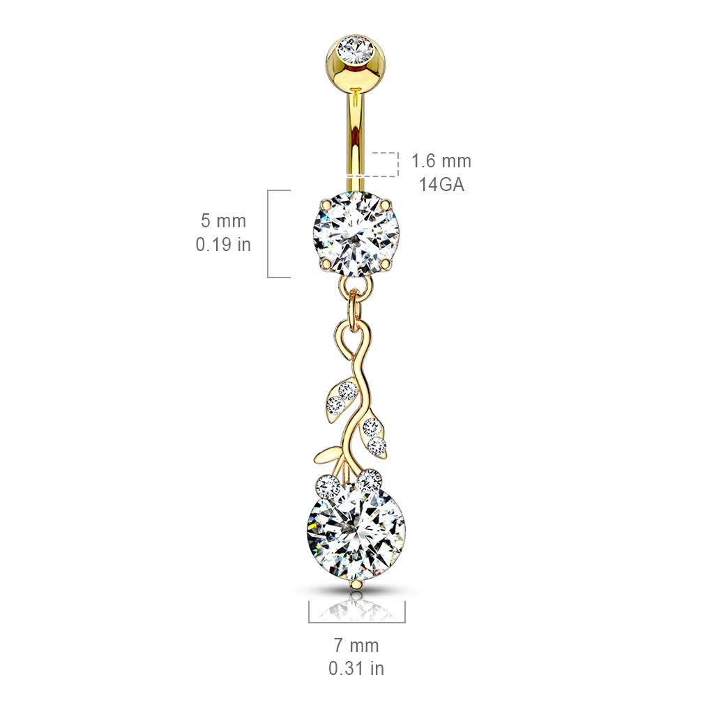 CZ Leafs With Large Round CZ Dangle Navel Belly Button Ring - Image 2