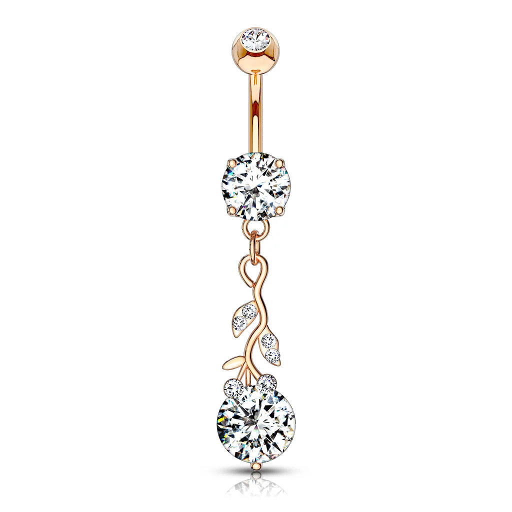CZ Leafs With Large Round CZ Dangle Navel Belly Button Ring - Image 3