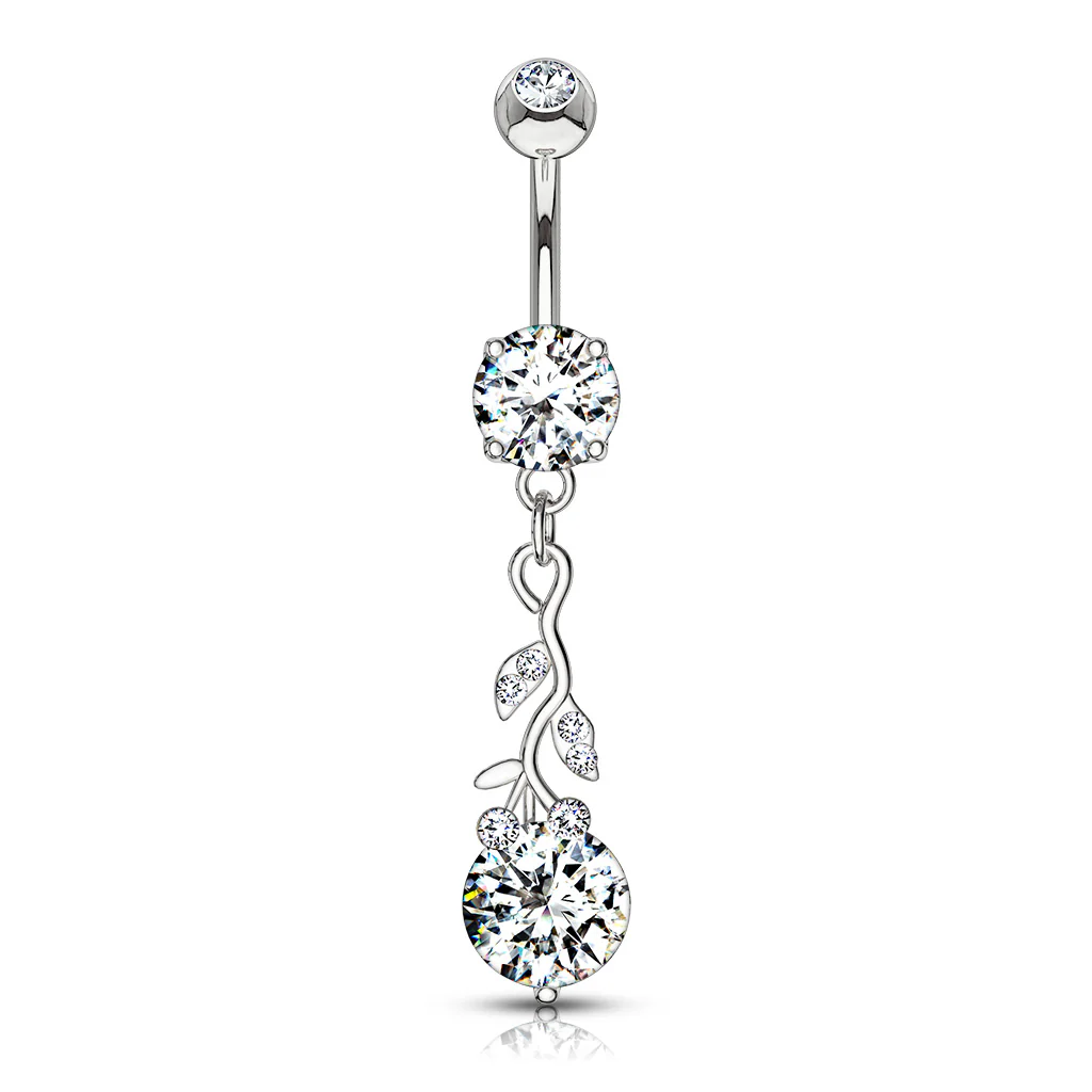 CZ Leafs With Large Round CZ Dangle Navel Belly Button Ring - Image 4