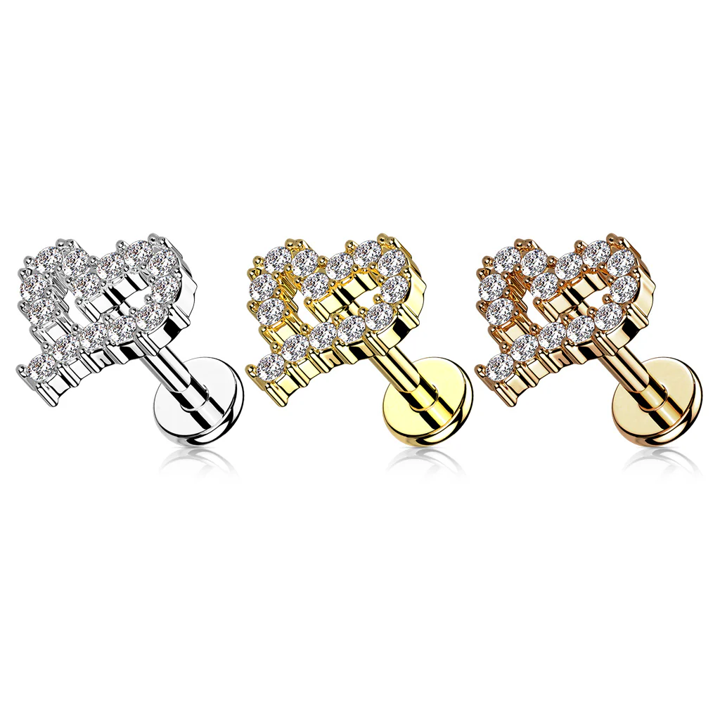 CZ Paved Heart Top Labret Tragus Snug Ear Cartilage Helix Studs - Image 2