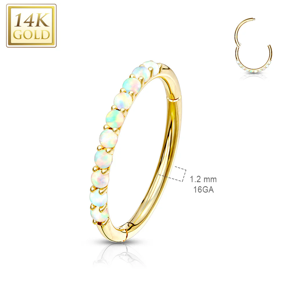 14K Solid Gold Side Opal Hinged Hoop Ring Nose Septum Daith - Image 3