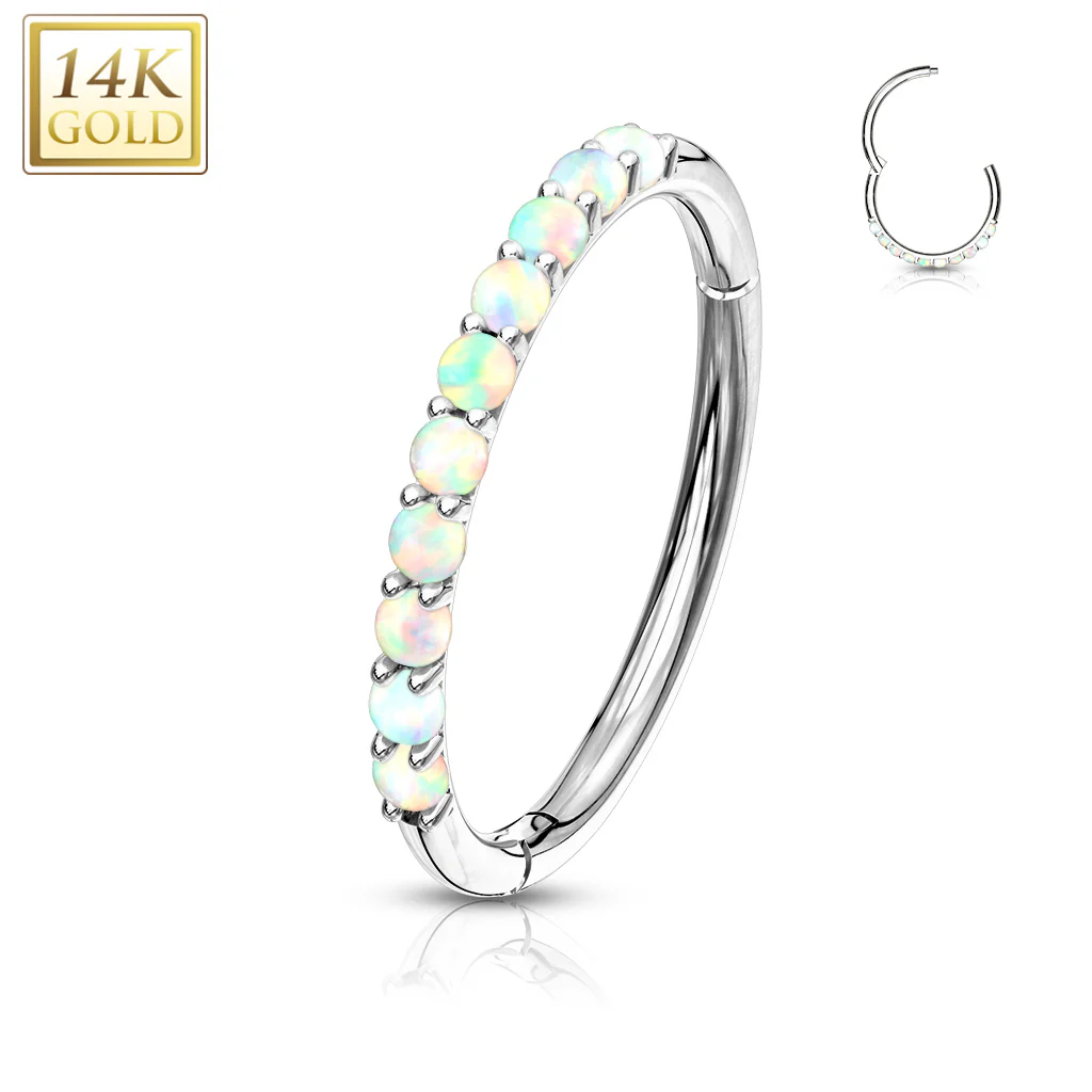 14K Solid Gold Side Opal Hinged Hoop Ring Nose Septum Daith - Image 4