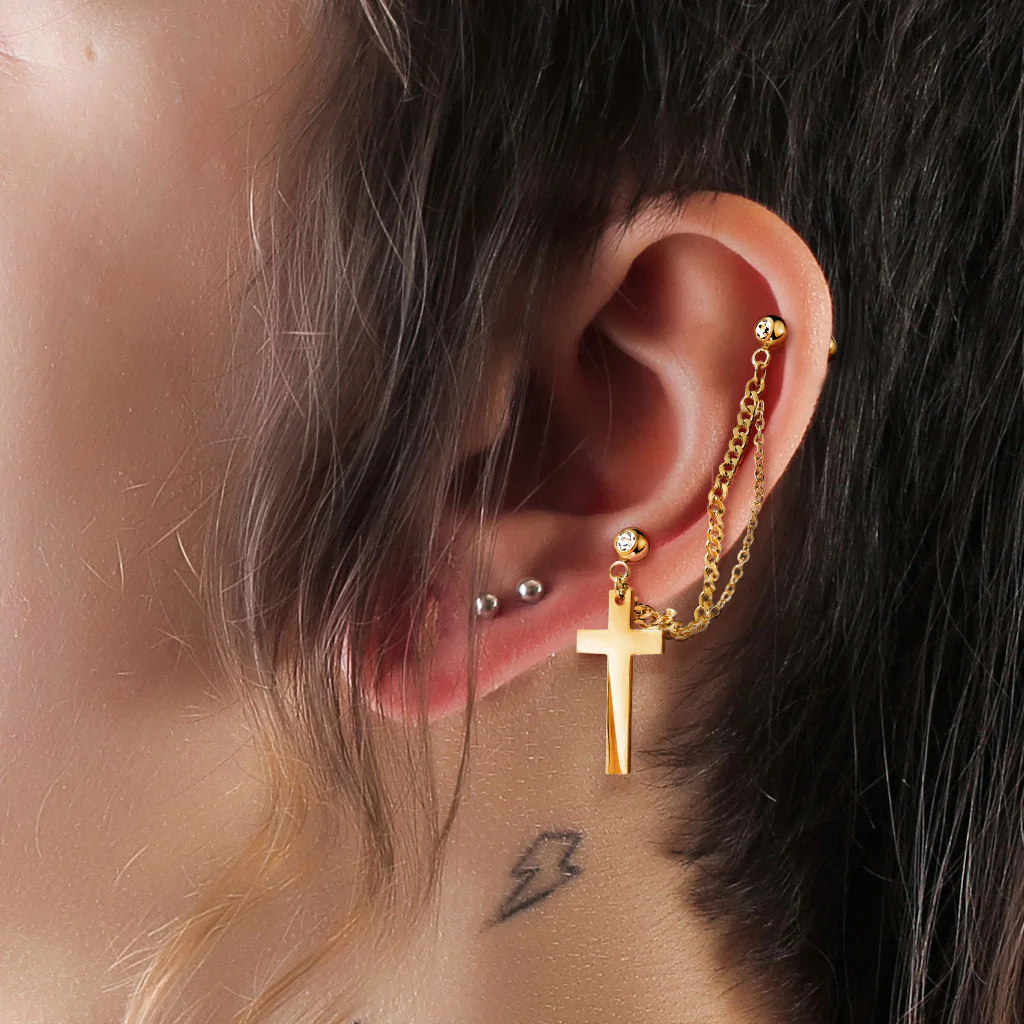 Chain Linked CZ Cross Dangle Ear Cartilage Helix Tragus Barbell Earrings