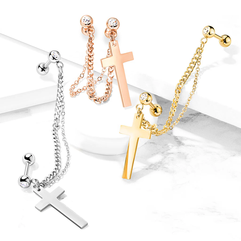 Chain Linked CZ Cross Dangle Ear Cartilage Helix Tragus Barbell Earrings - Image 2