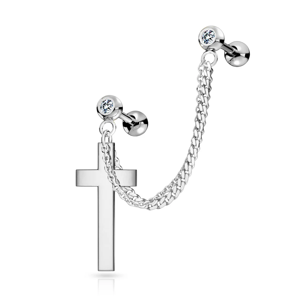 Chain Linked CZ Cross Dangle Ear Cartilage Helix Tragus Barbell Earrings - Image 3