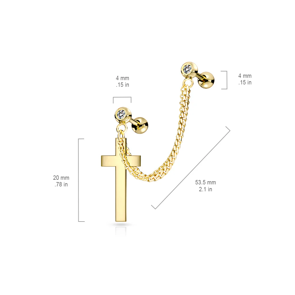 Chain Linked CZ Cross Dangle Ear Cartilage Helix Tragus Barbell Earrings - Image 4