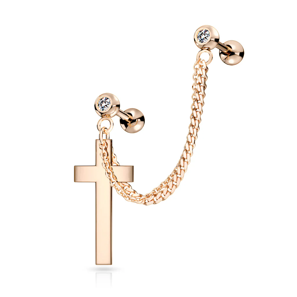 Chain Linked CZ Cross Dangle Ear Cartilage Helix Tragus Barbell Earrings - Image 5