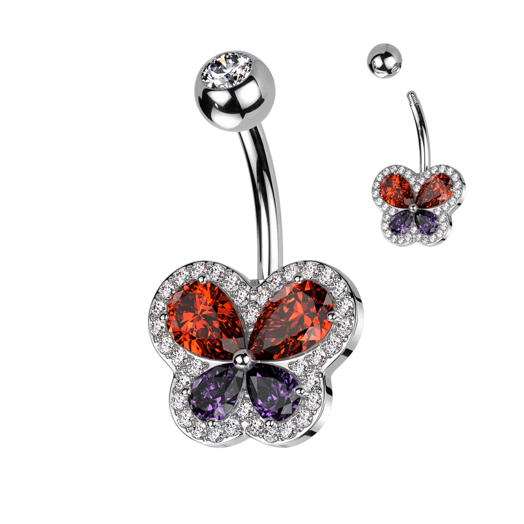 CZ Butterfly and Pave CZ Edge Navel Belly Button Ring - Image 3