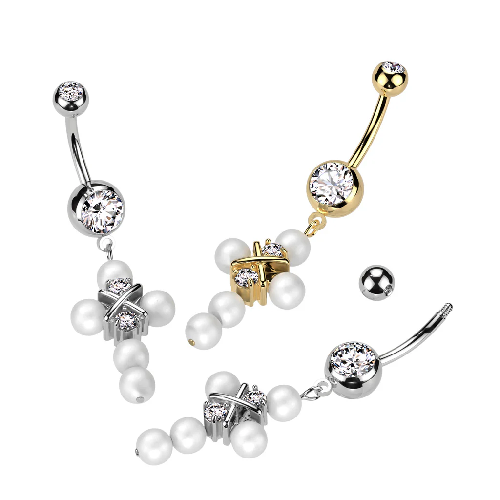 Pearl Cross CZ Dangle Double Jeweled Navel Belly Button Ring
