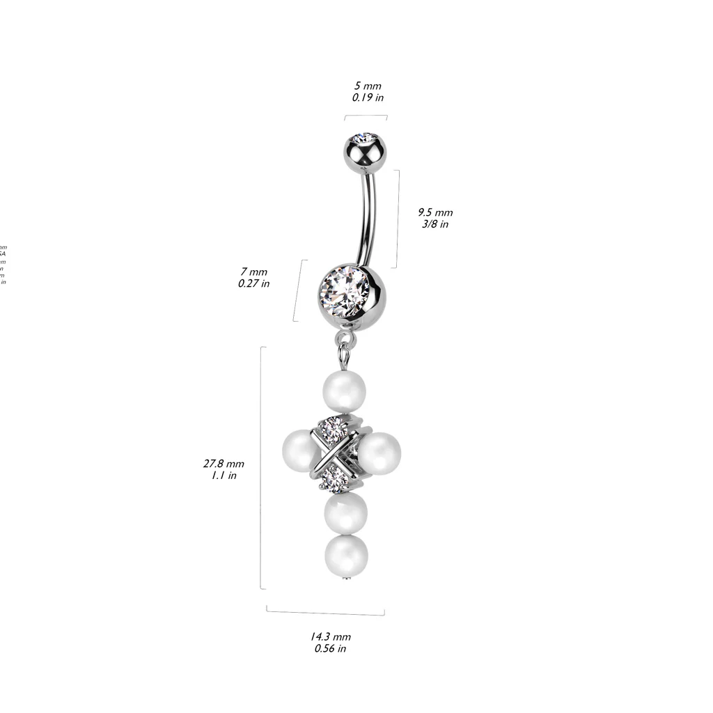 Pearl Cross CZ Dangle Double Jeweled Navel Belly Button Ring - Image 2