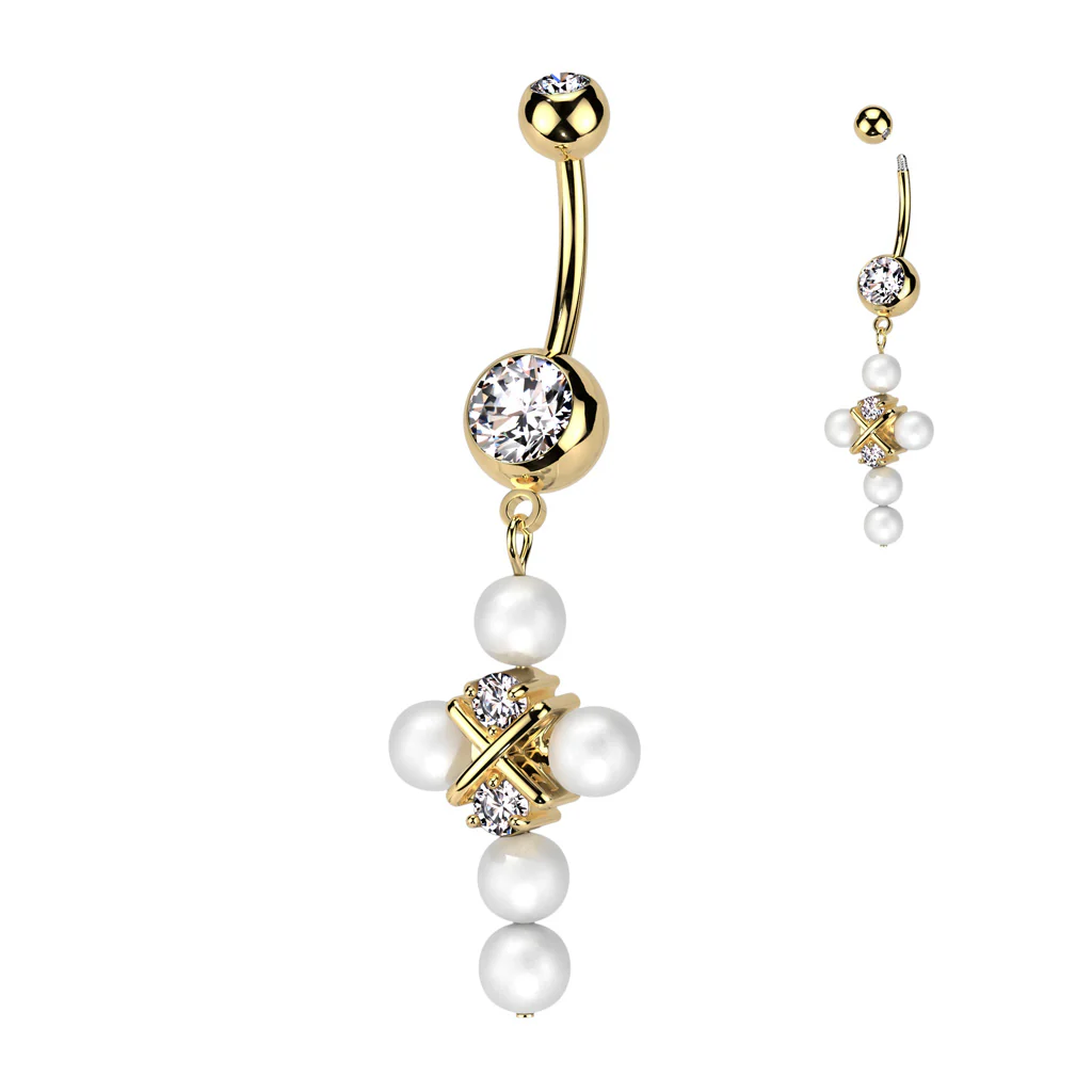 Pearl Cross CZ Dangle Double Jeweled Navel Belly Button Ring - Image 3