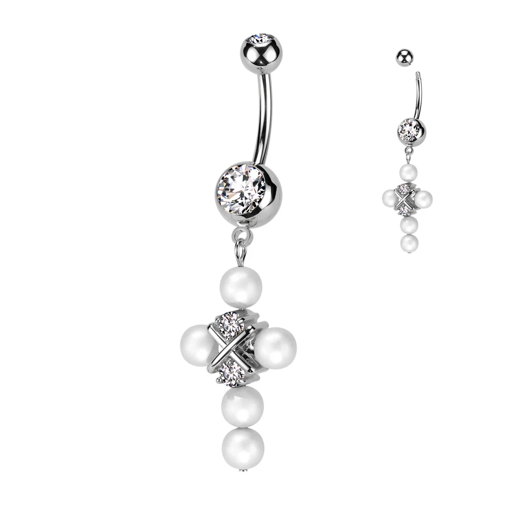 Pearl Cross CZ Dangle Double Jeweled Navel Belly Button Ring - Image 4