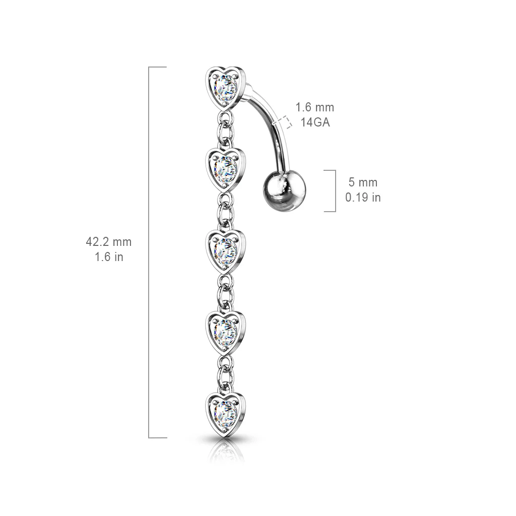 5 Crystal Set Hearts Dangle Double Jeweled Navel Belly Button Ring - Image 3