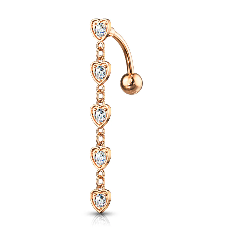 5 Crystal Set Hearts Dangle Double Jeweled Navel Belly Button Ring - Image 4