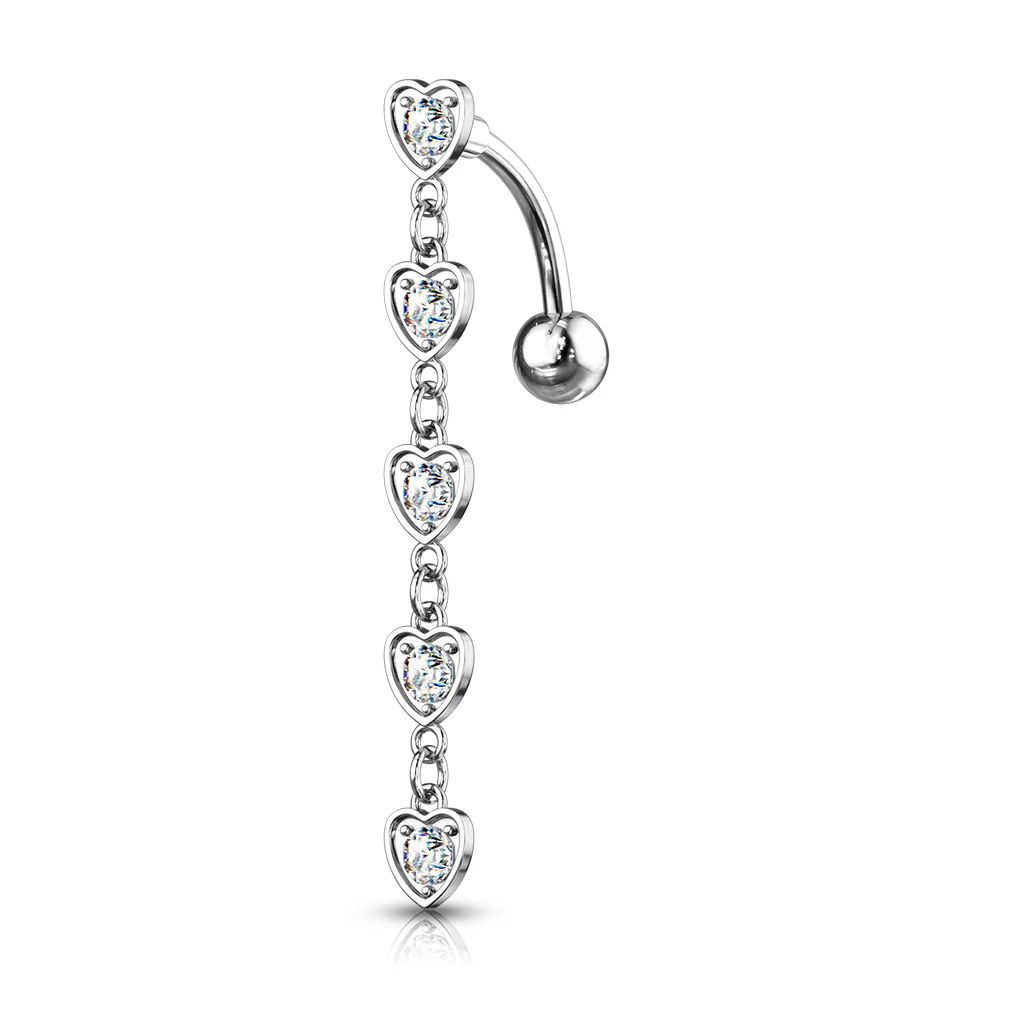 5 Crystal Set Hearts Dangle Double Jeweled Navel Belly Button Ring - Image 5