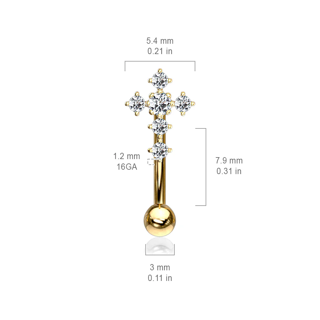 CZ Paved Cross Top Eyebrow Ring Curved Barbells Rook Snug - Image 3