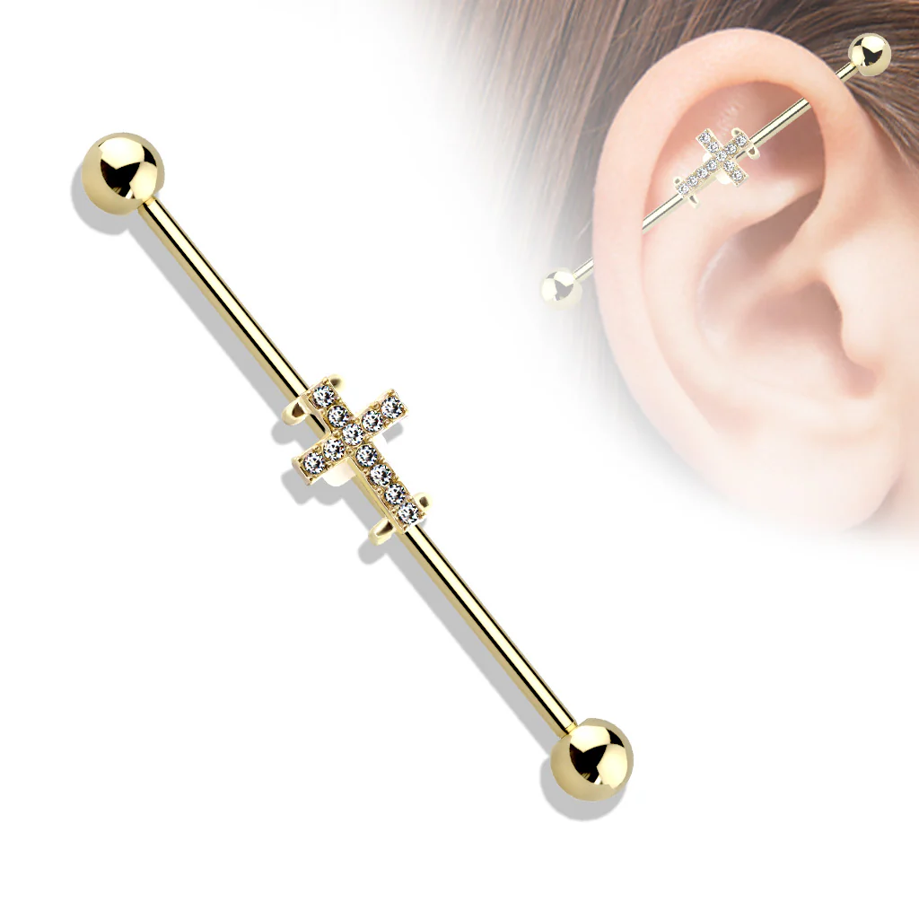 Crystal Paved Cross 316L Surgical Steel Industrial Barbells - Image 2
