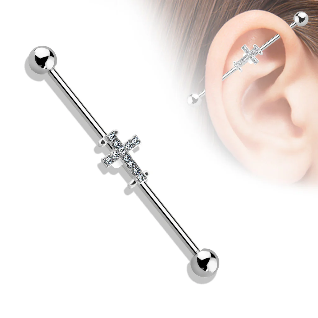Crystal Paved Cross 316L Surgical Steel Industrial Barbells - Image 5