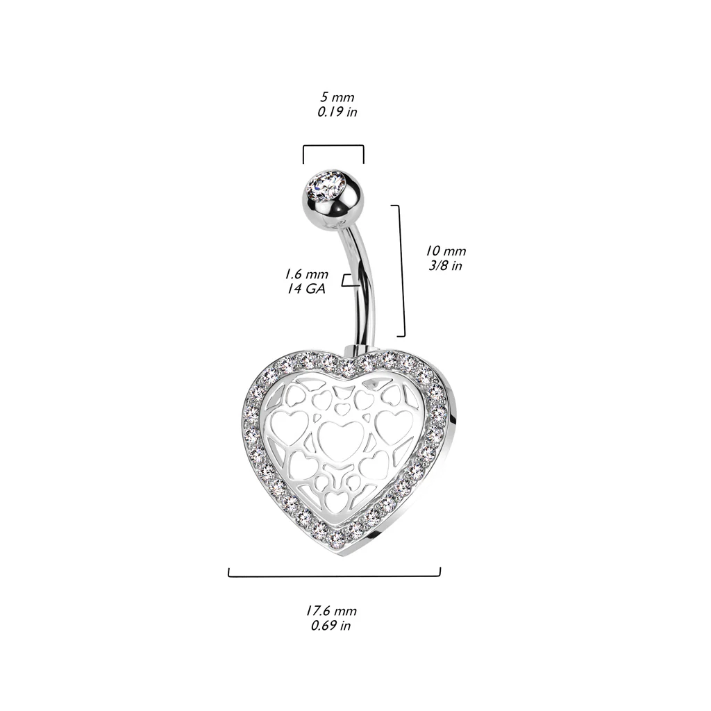 Hollow Heart Center and Pave CZ Belly Button Ring - Image 2