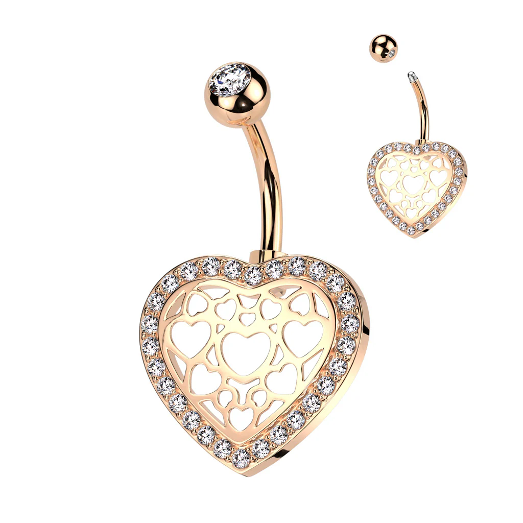 Hollow Heart Center and Pave CZ Belly Button Ring - Image 3