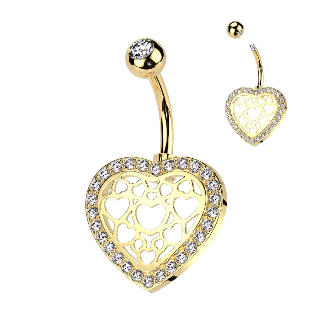 Hollow Heart Center and Pave CZ Belly Button Ring - Image 4