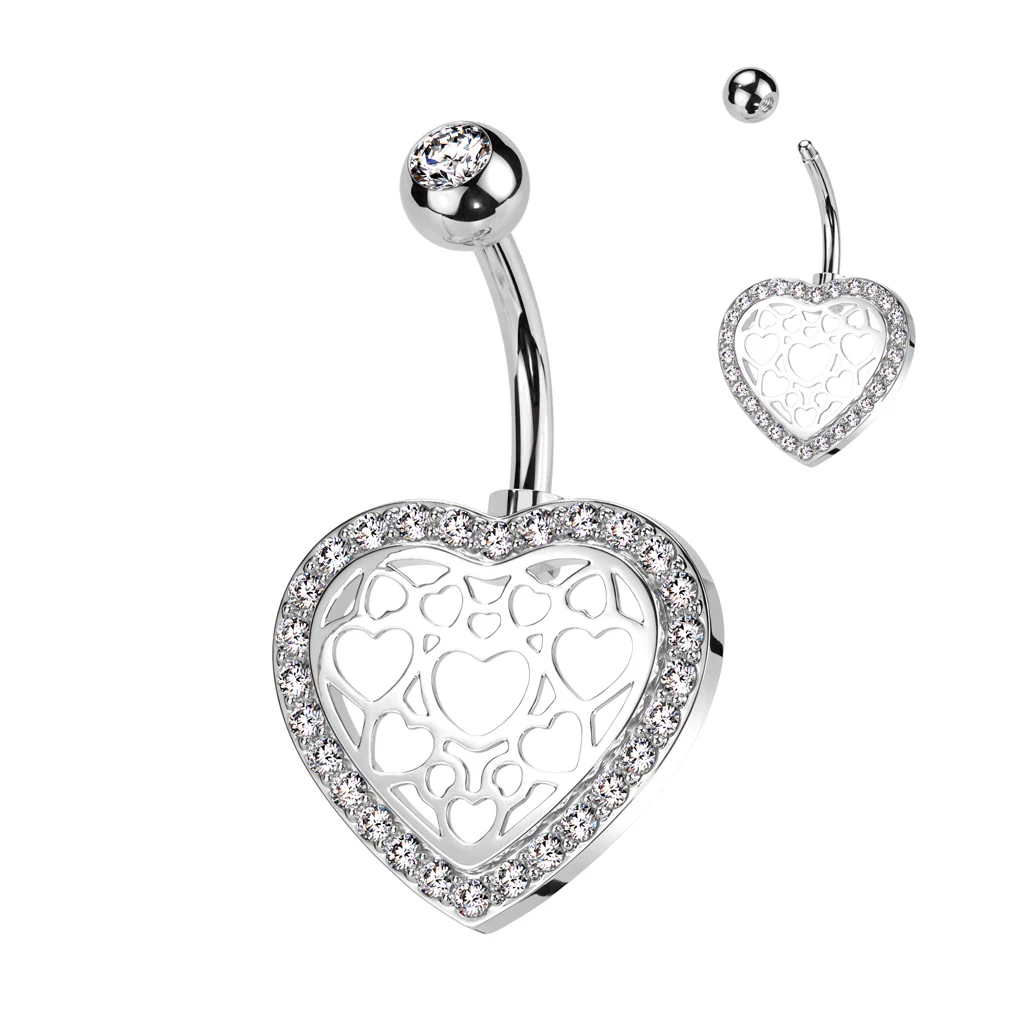 Hollow Heart Center and Pave CZ Belly Button Ring - Image 5