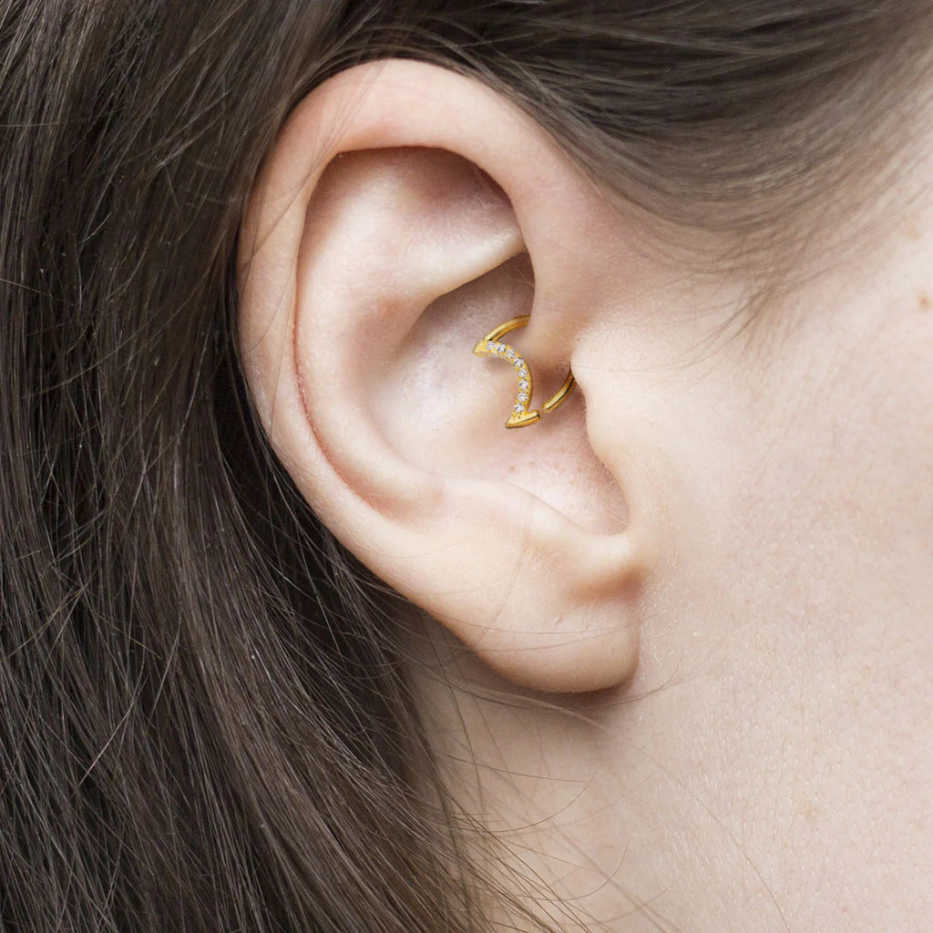 Crystal Lined Crescent Moon Shape Ear Cartilage Daith Tragus Helix Hoop Rings - Image 2