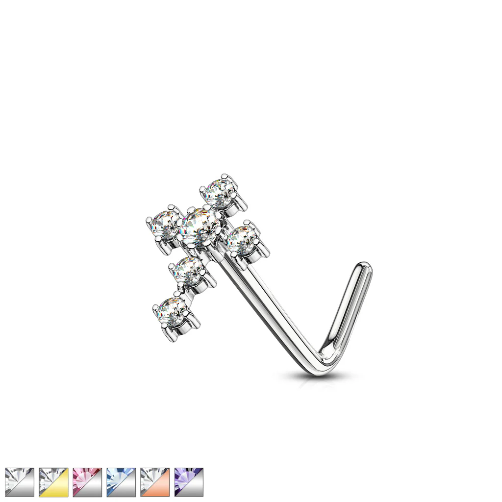CZ Cross 316L Surgical Steel L Bend Nose Stud Rings - Image 2