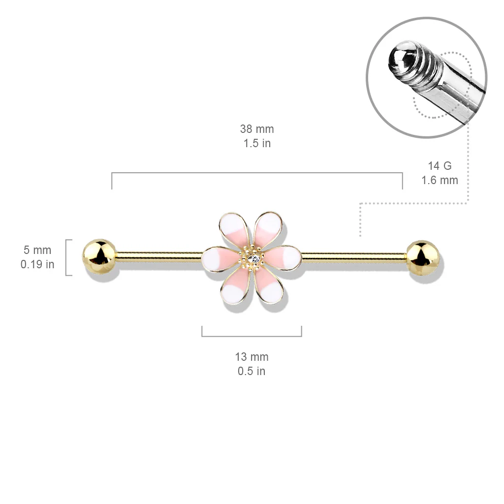 Two Tone Enamel Flower 14Kt. Gold Plated Industrial Barbells - Image 2