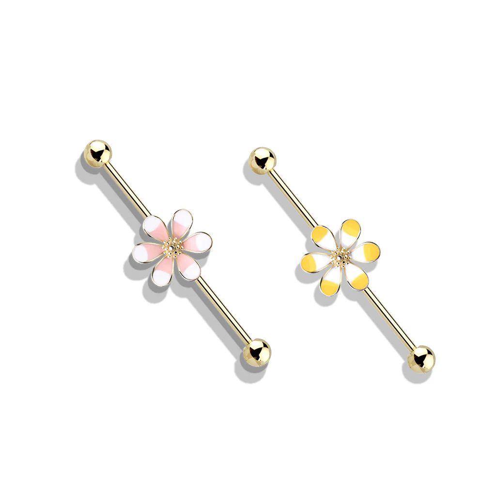 Two Tone Enamel Flower 14Kt. Gold Plated Industrial Barbells - Image 3