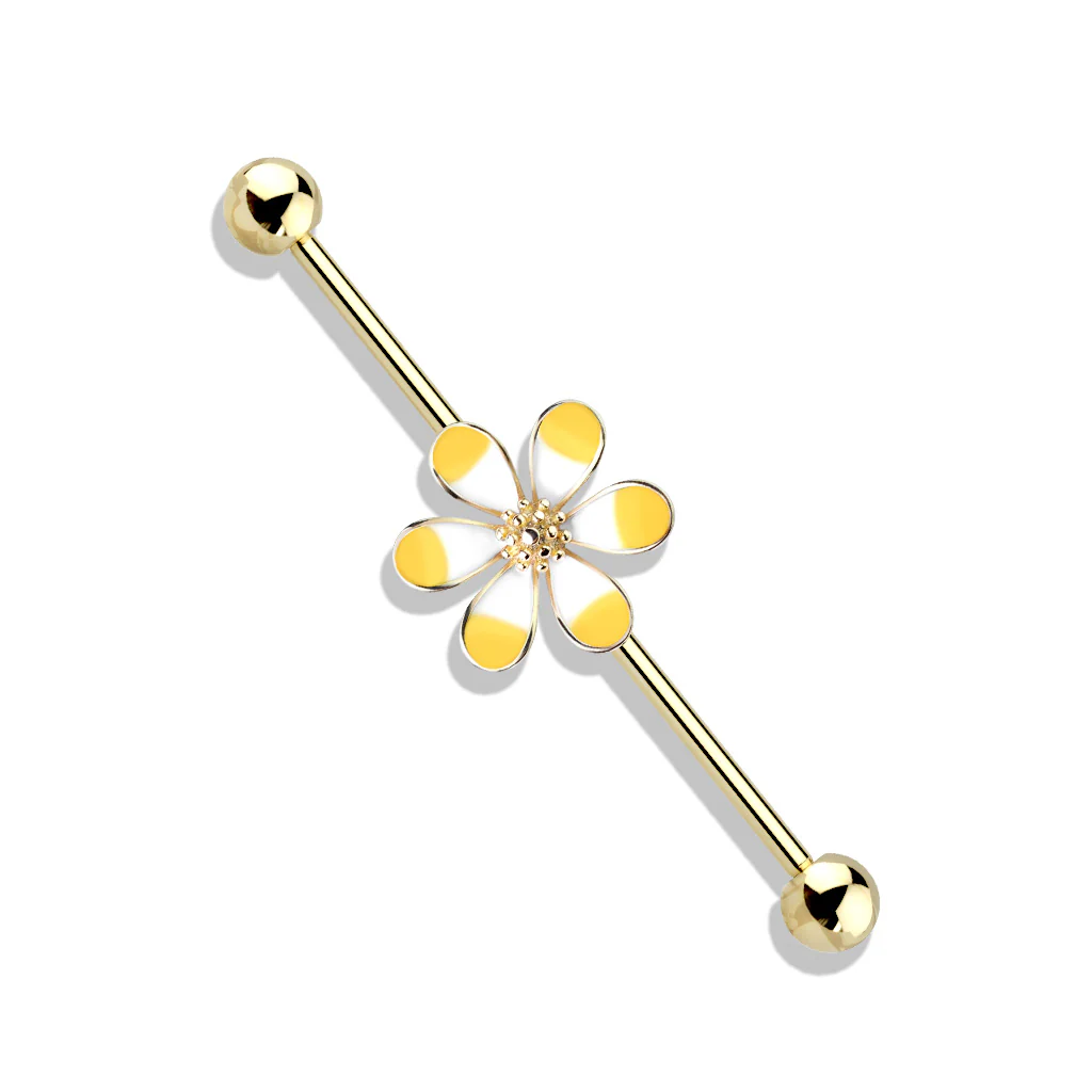Two Tone Enamel Flower 14Kt. Gold Plated Industrial Barbells - Image 4