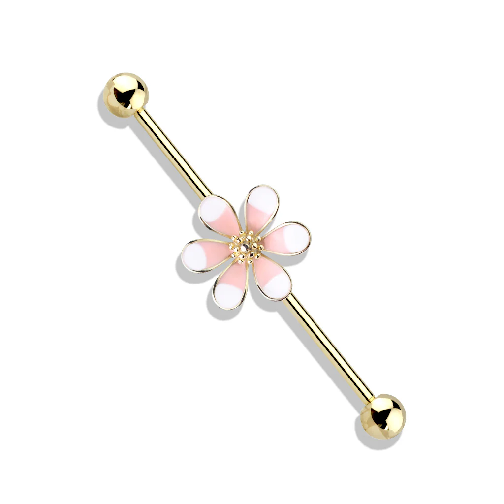 Two Tone Enamel Flower 14Kt. Gold Plated Industrial Barbells - Image 5