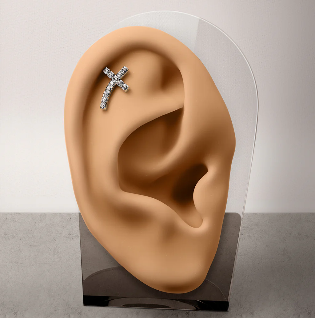 CZ Paved Curved Cross Top Ear Cartilage Helix Daith Tragus Barbell Earrings - Image 2