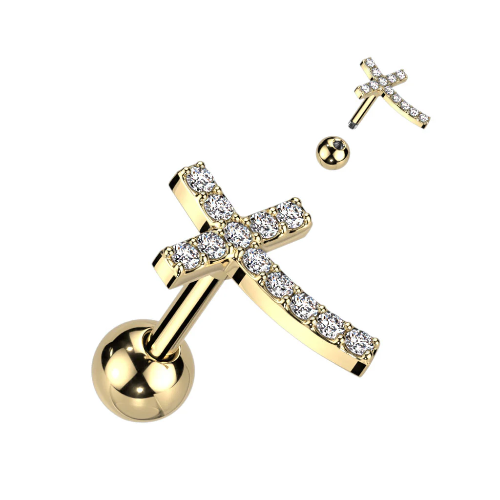 CZ Paved Curved Cross Top Ear Cartilage Helix Daith Tragus Barbell Earrings - Image 4