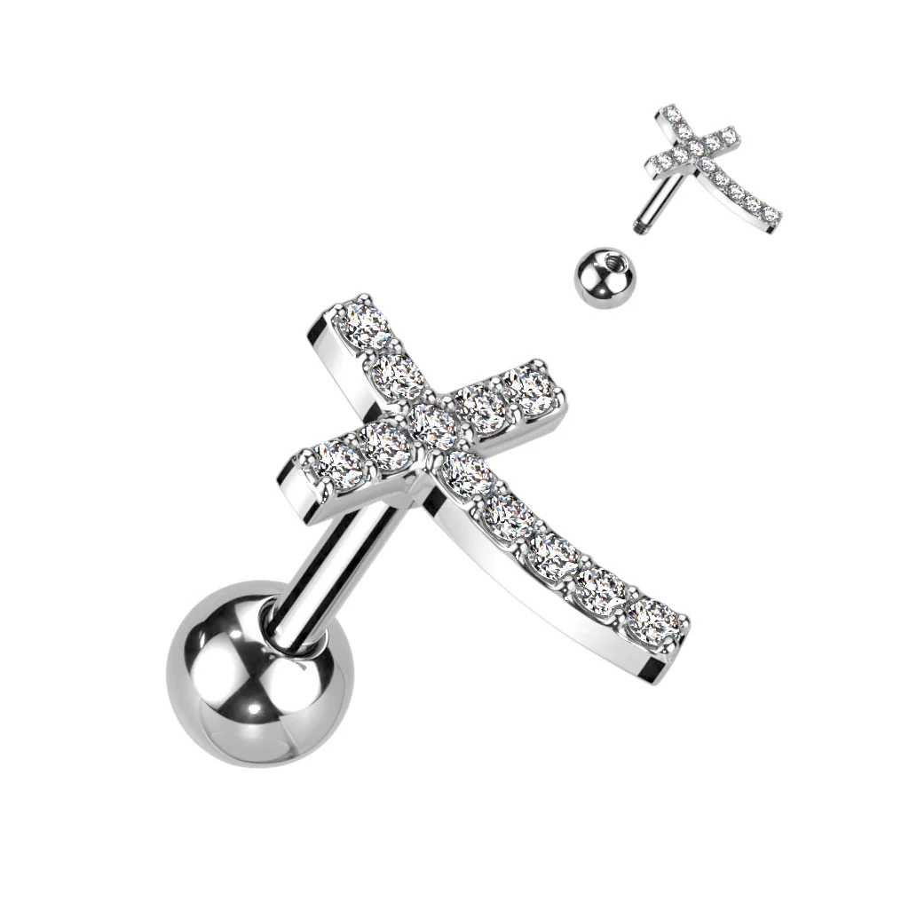 CZ Paved Curved Cross Top Ear Cartilage Helix Daith Tragus Barbell Earrings - Image 5