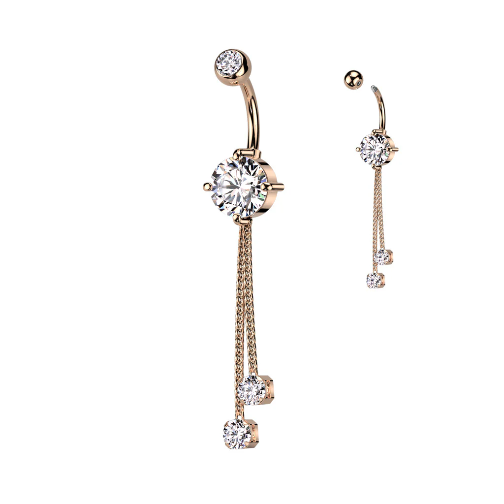 Double Jeweled CZ With 2 Rope Chain Dangle Belly Button Navel Rings - Image 3
