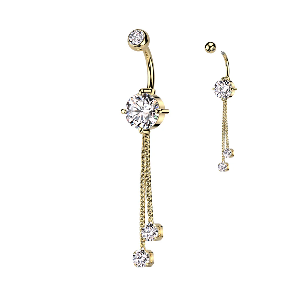 Double Jeweled CZ With 2 Rope Chain Dangle Belly Button Navel Rings - Image 4