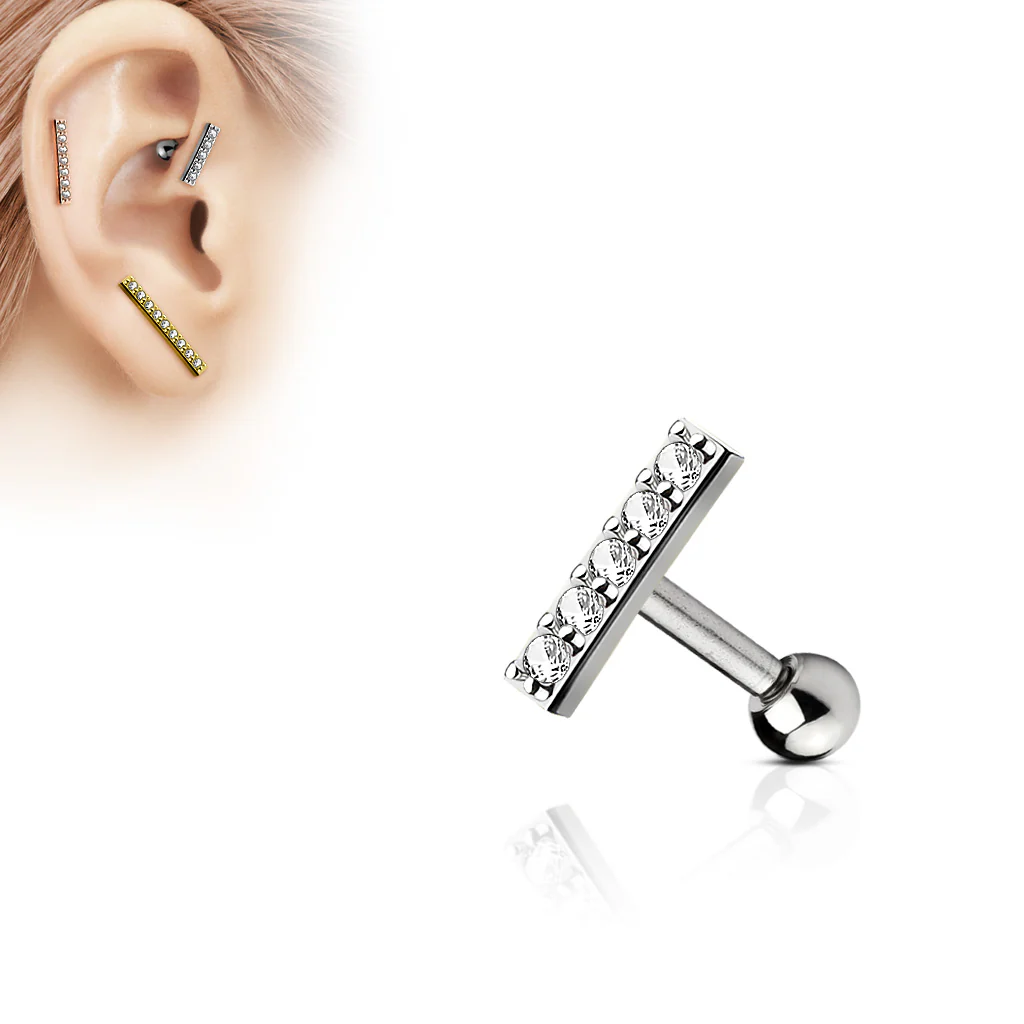 CZ Lined Set 9mm Long Bar Top Ear Cartilage Helix Daith Tragus Barbell Earrings - Image 2