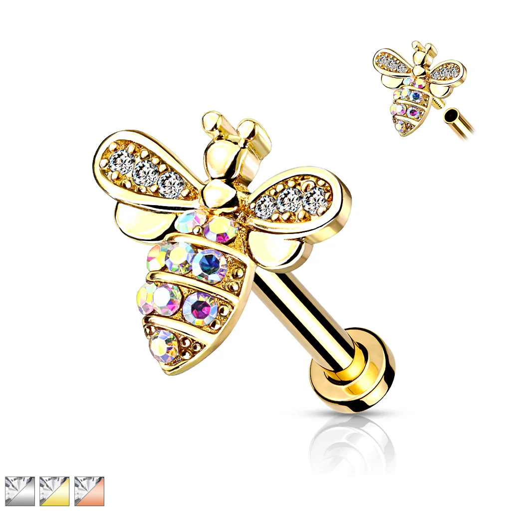 CZ Paved Bee Internally Threaded Labret Tragus Snug Ear Cartilage Helix Studs