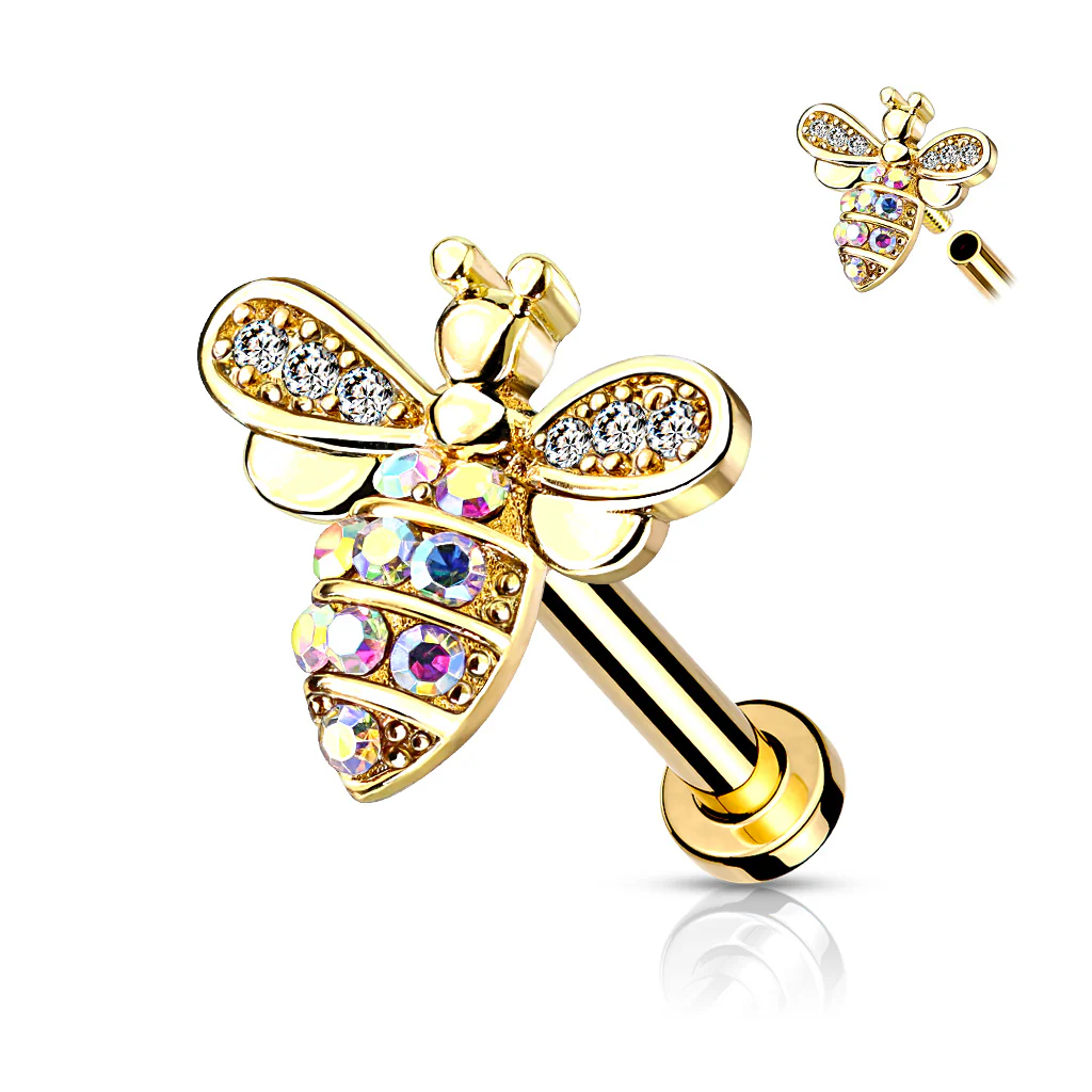CZ Paved Bee Internally Threaded Labret Tragus Snug Ear Cartilage Helix Studs - Image 2