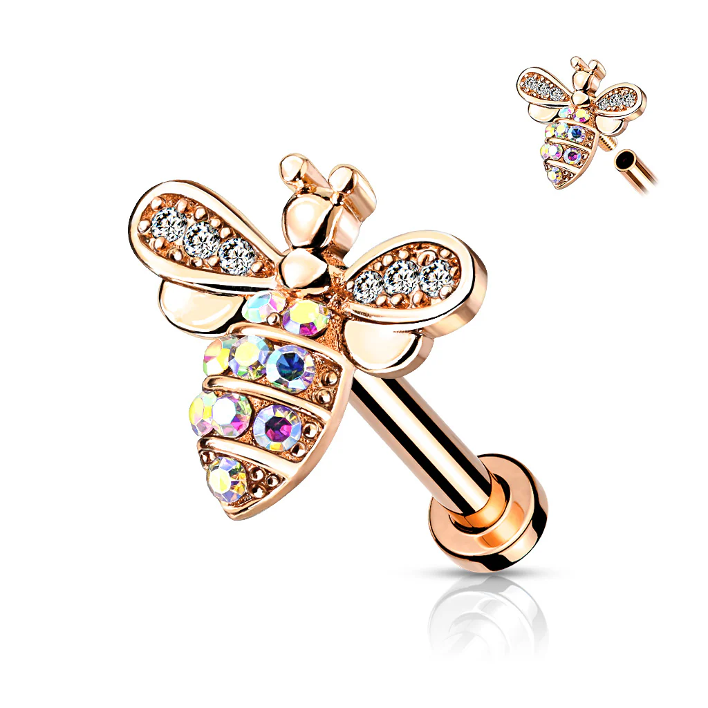 CZ Paved Bee Internally Threaded Labret Tragus Snug Ear Cartilage Helix Studs - Image 3
