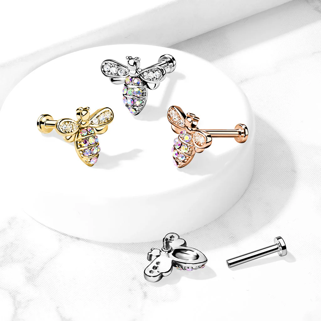 CZ Paved Bee Internally Threaded Labret Tragus Snug Ear Cartilage Helix Studs - Image 5