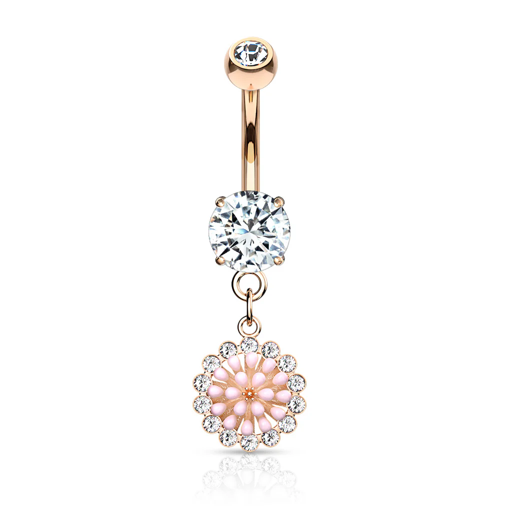 Pink Enamel Cluster CZ Around Dangle Navel Belly Button Ring - Image 4