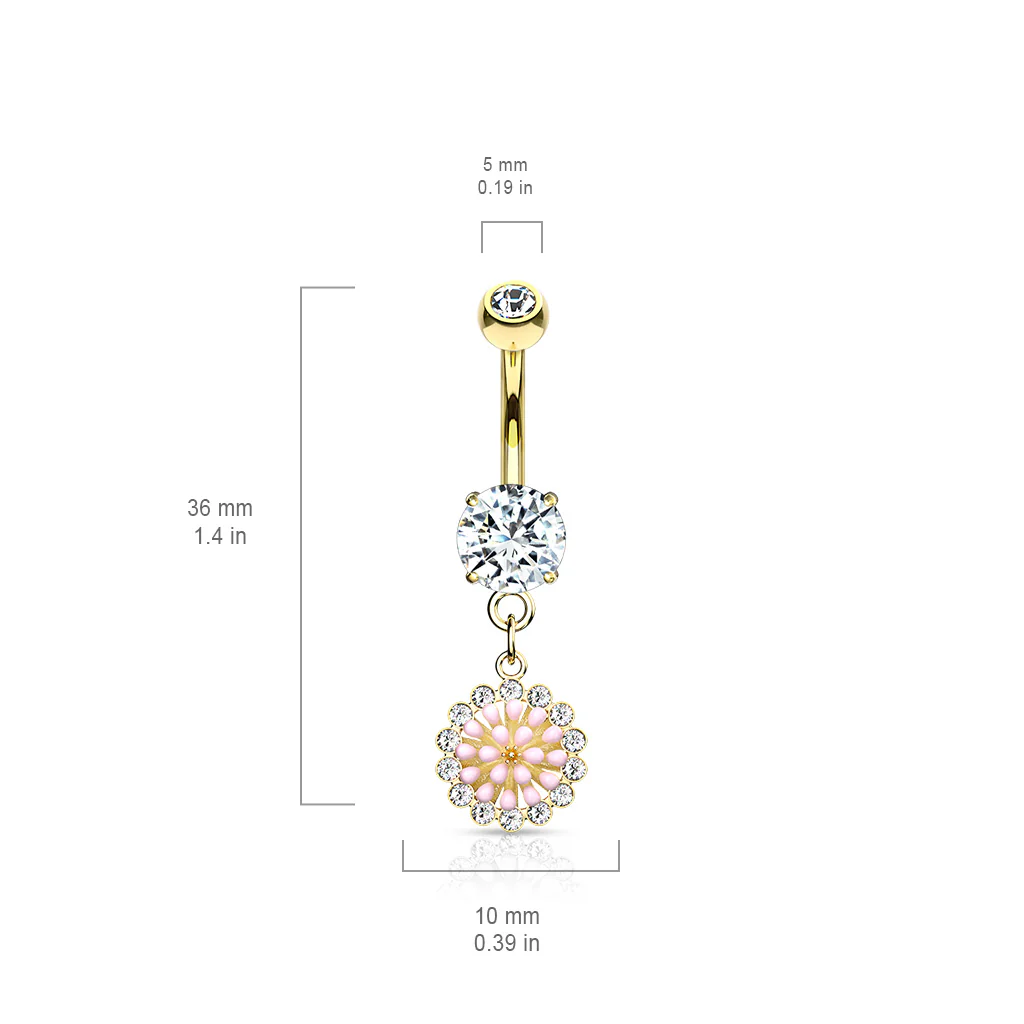 Pink Enamel Cluster CZ Around Dangle Navel Belly Button Ring - Image 5