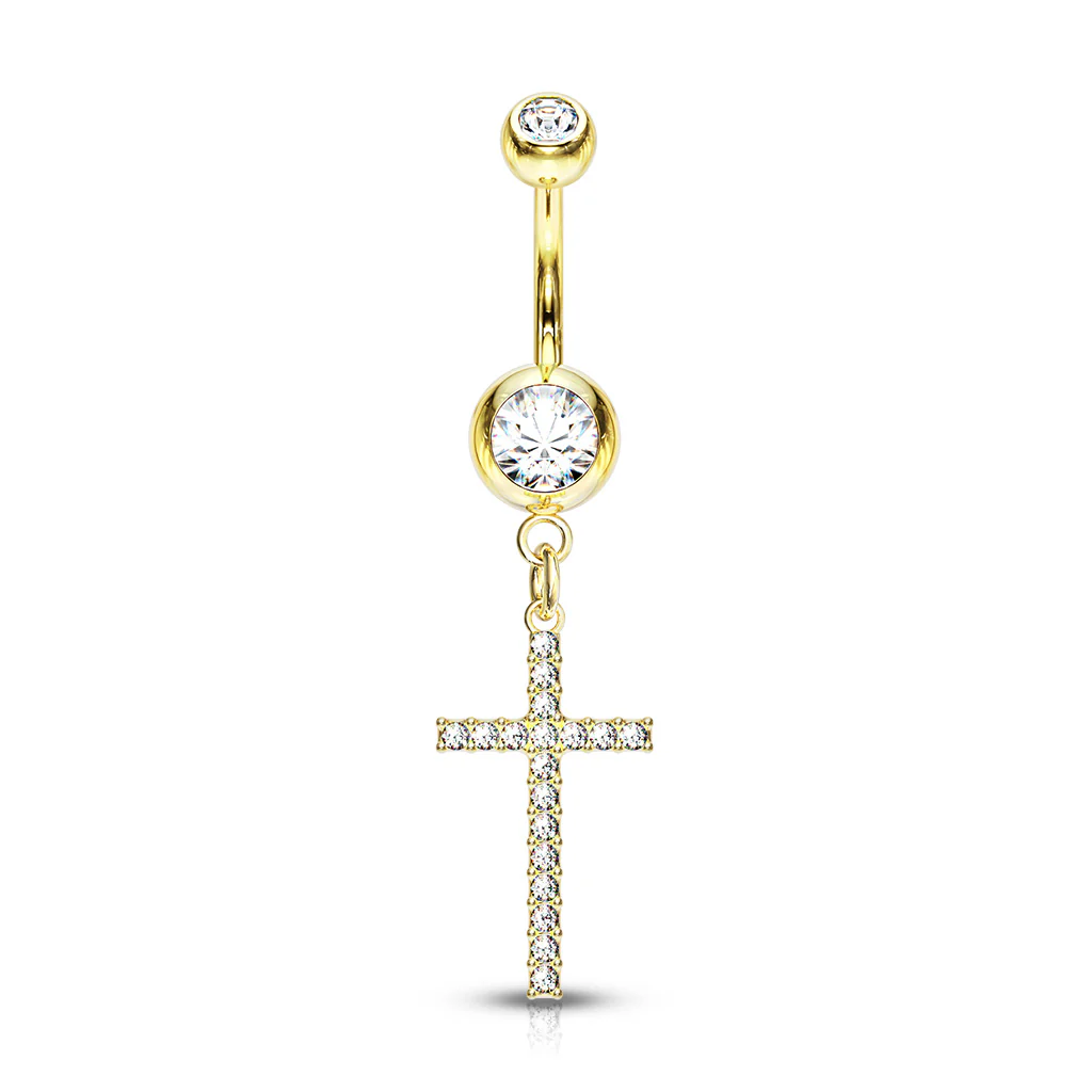 Crystal Paved Cross Dangle Double Jeweled Navel Belly Button Ring - Image 2