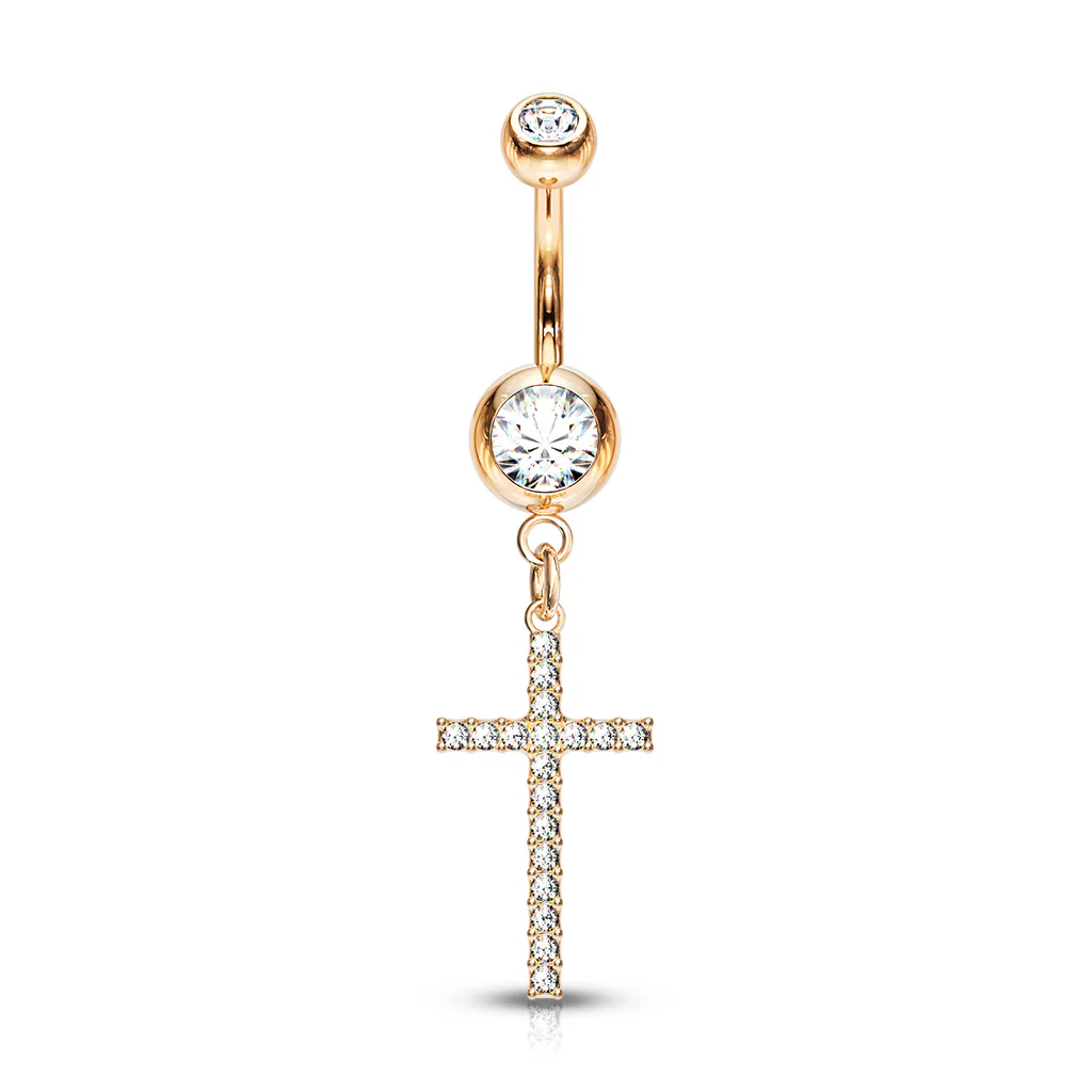 Crystal Paved Cross Dangle Double Jeweled Navel Belly Button Ring - Image 4