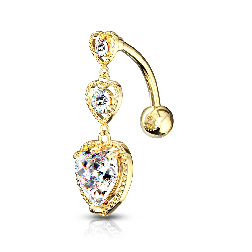 Triple Heart Vertical Drop Dangle Navel Belly Button Ring - Image 3