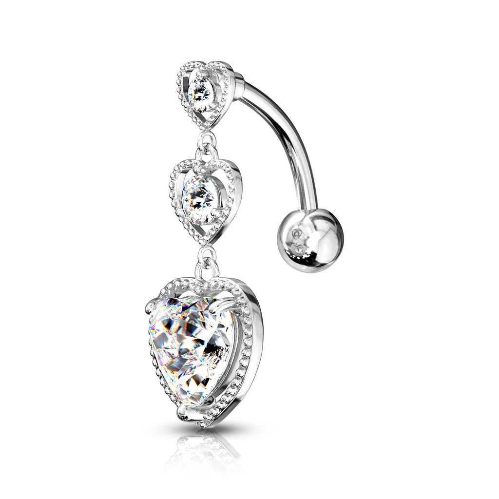 Triple Heart Vertical Drop Dangle Navel Belly Button Ring - Image 4