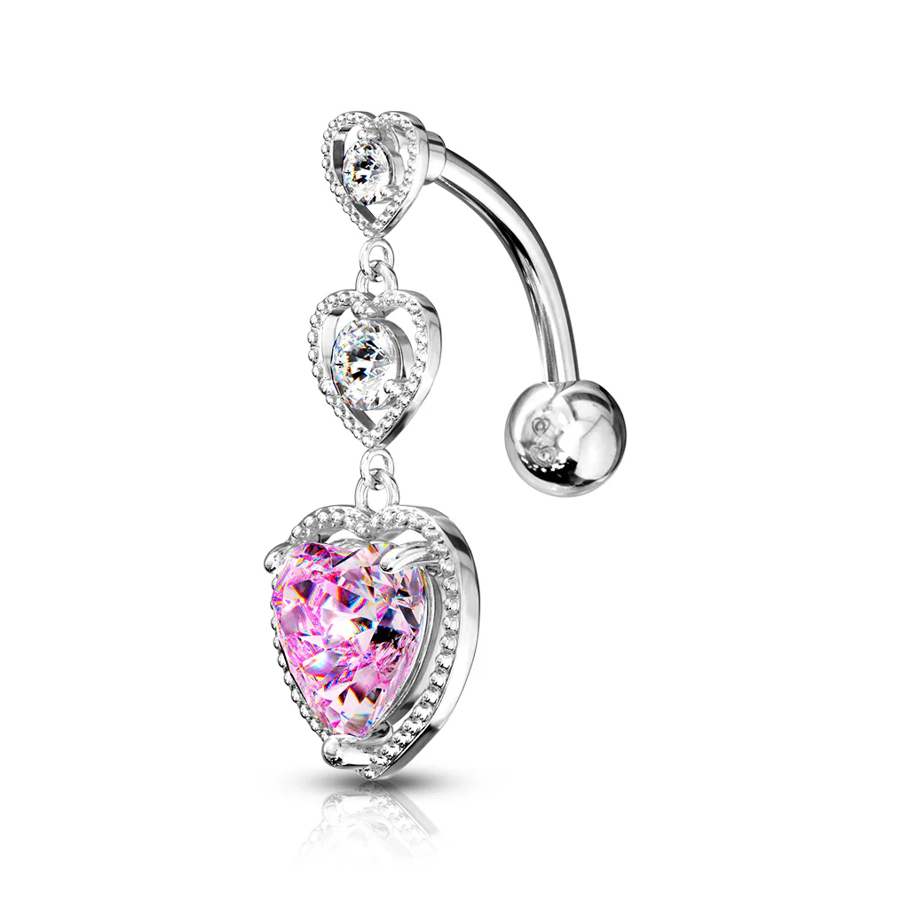 Triple Heart Vertical Drop Dangle Navel Belly Button Ring - Image 5