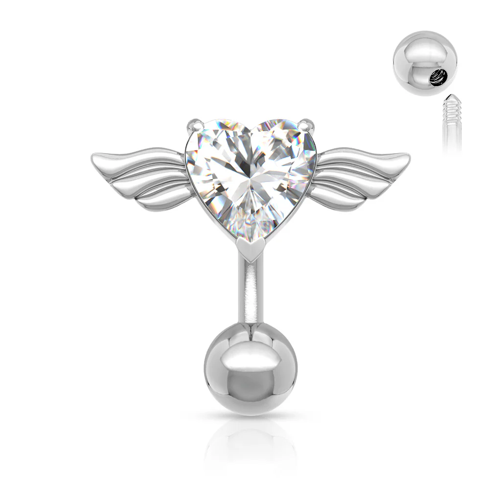 Angel Winged 8mm Heart CZ Navel Belly Button Ring - Image 2